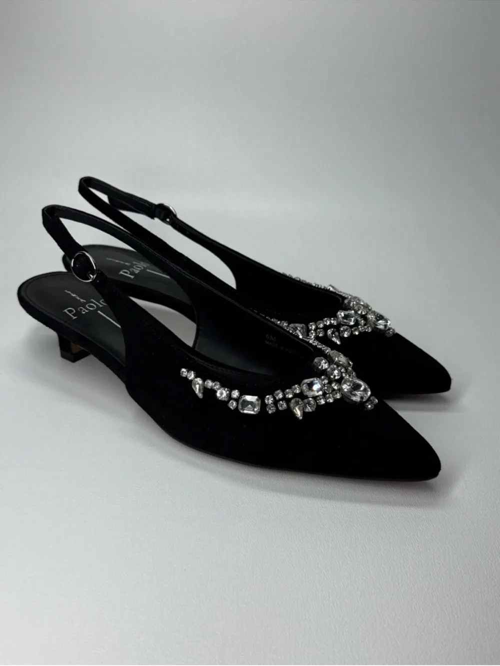 Linea Paolo CRYSTAL Black Suede Embellished Pointed Slingback Kitten Heel NIB